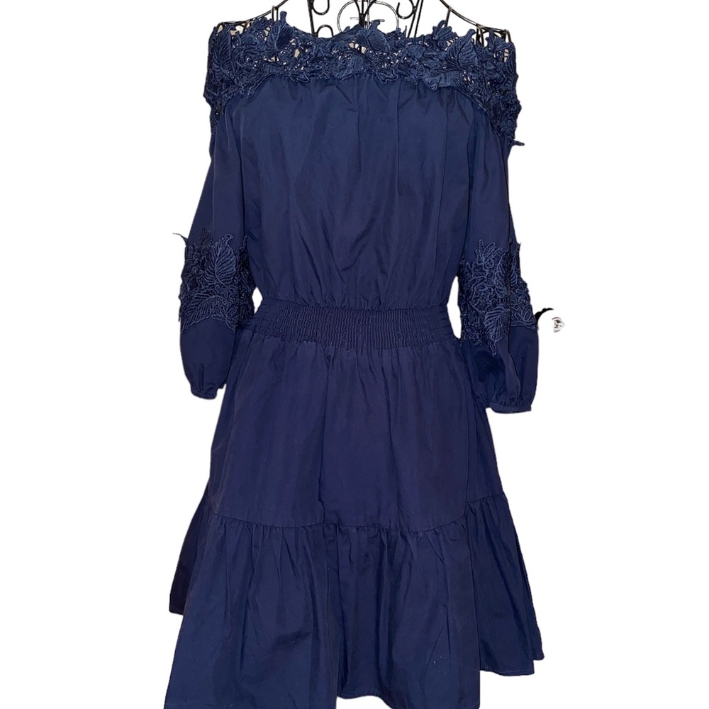 Navy Blue Off-Shoulder Cotton  Dress